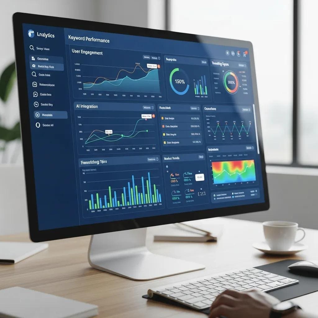 AI technology analyzing keyword intent with data visualizations on a computer screen