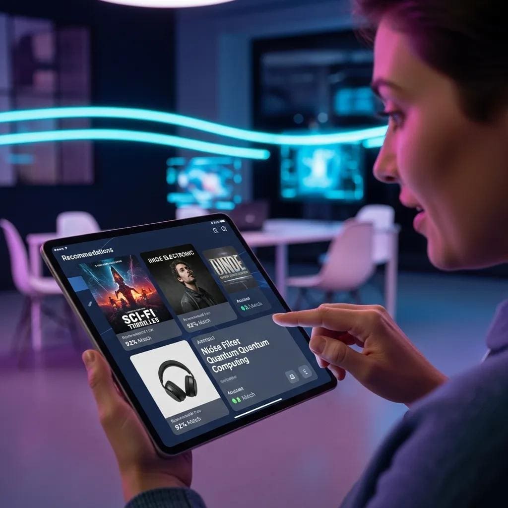 Digital interface displaying personalized content recommendations with a person engaging with a tablet