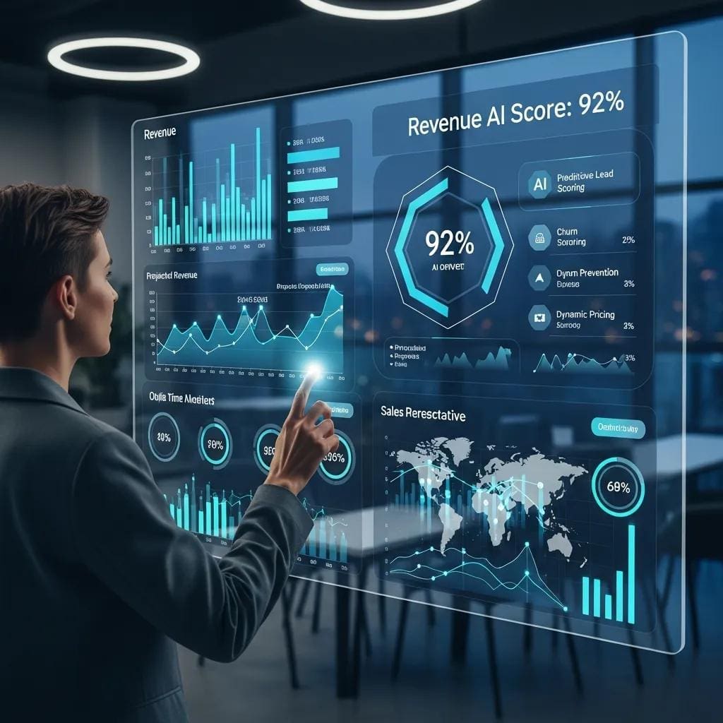 Person using a digital dashboard with AI analytics for revenue metrics, illustrating advanced data visualization and technology