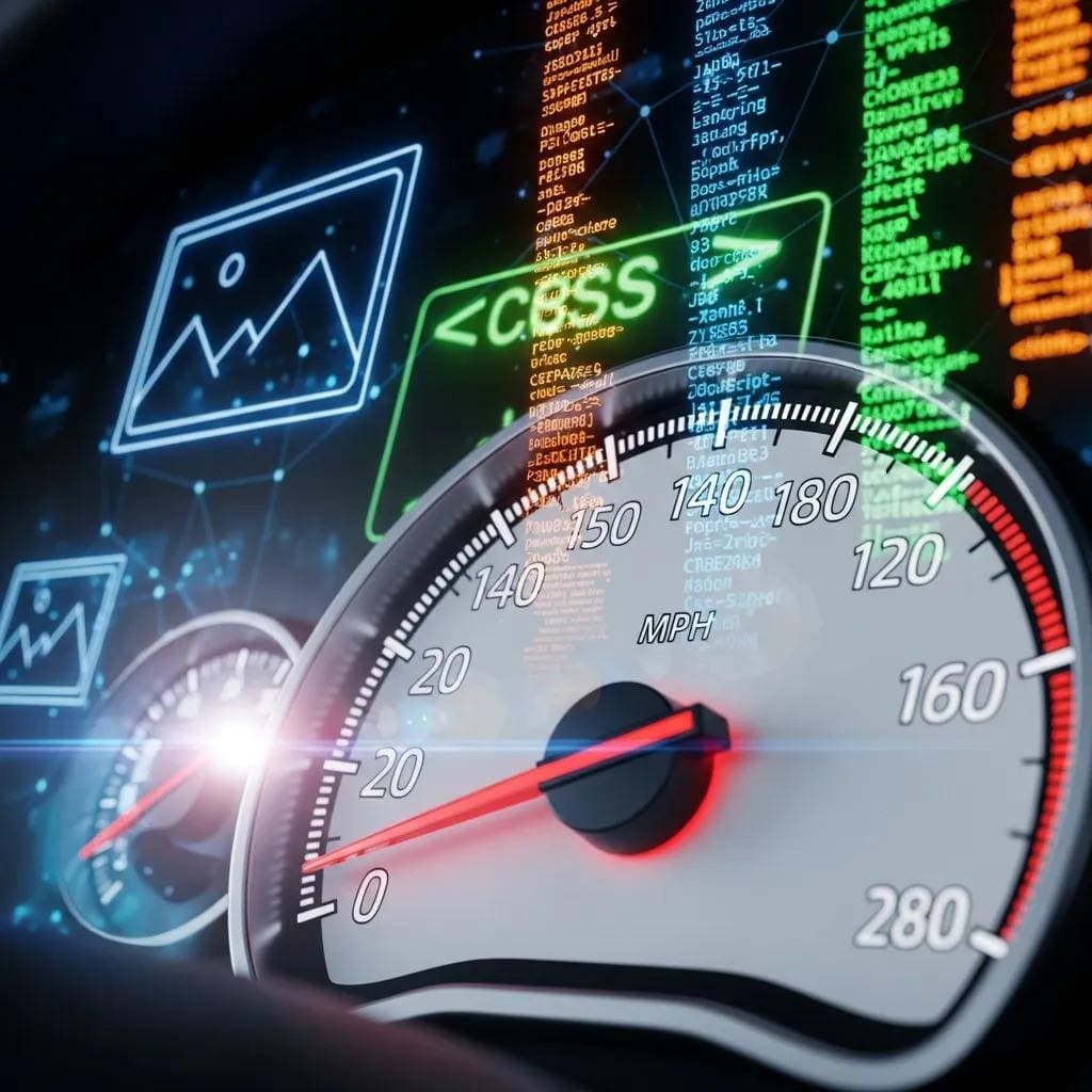 Speedometer illustrating fast page loading times with web elements in the background