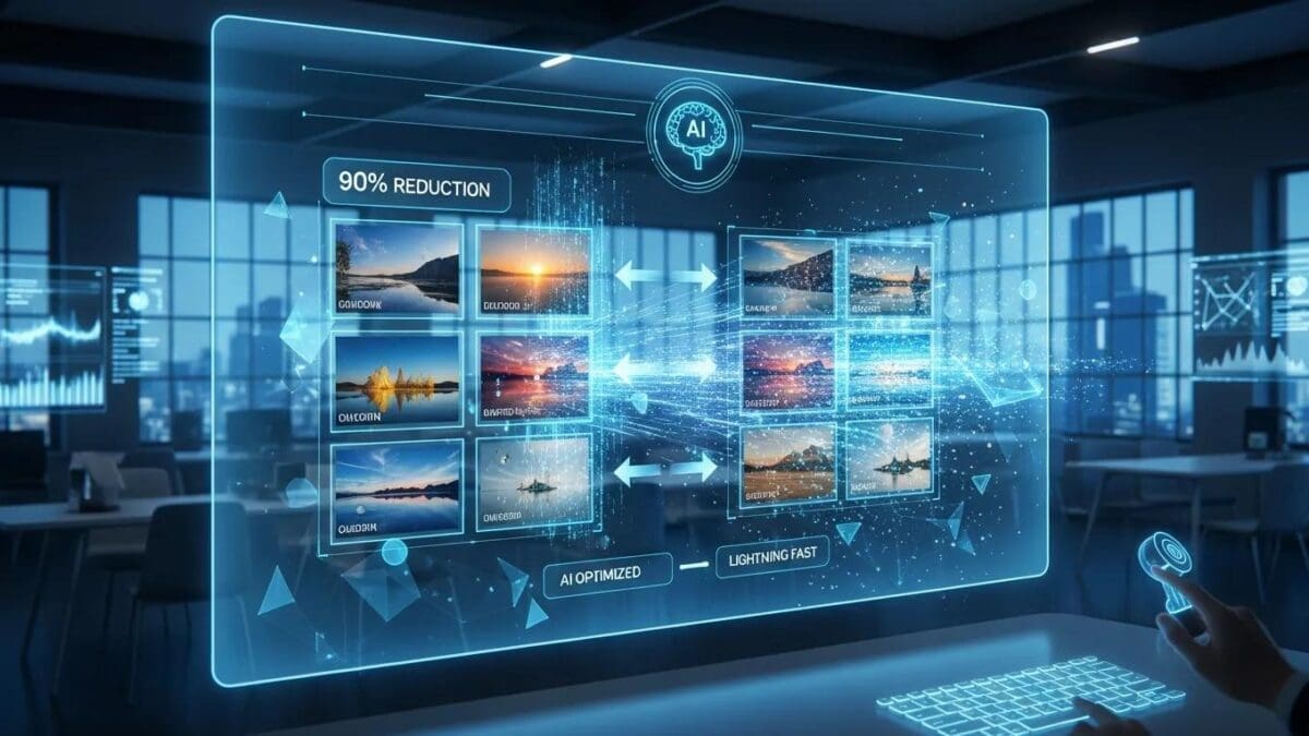 AI interface analyzing images for compression in a modern office setting