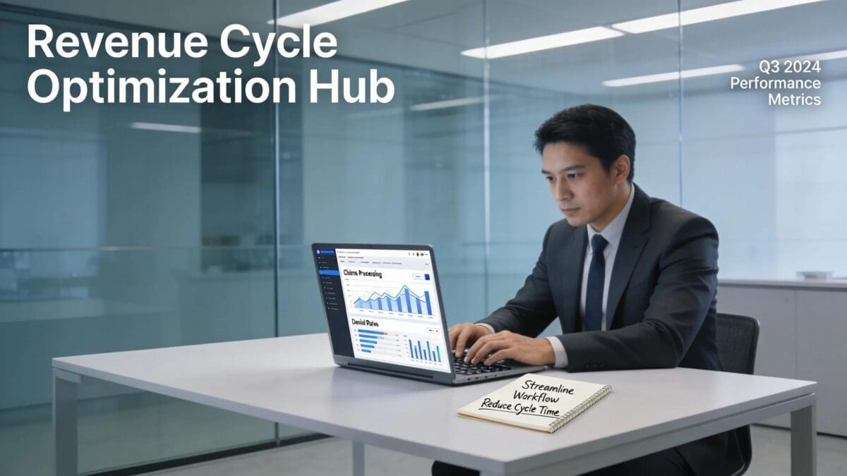 Healthcare administrator reviewing financial performance metrics in a modern office setting