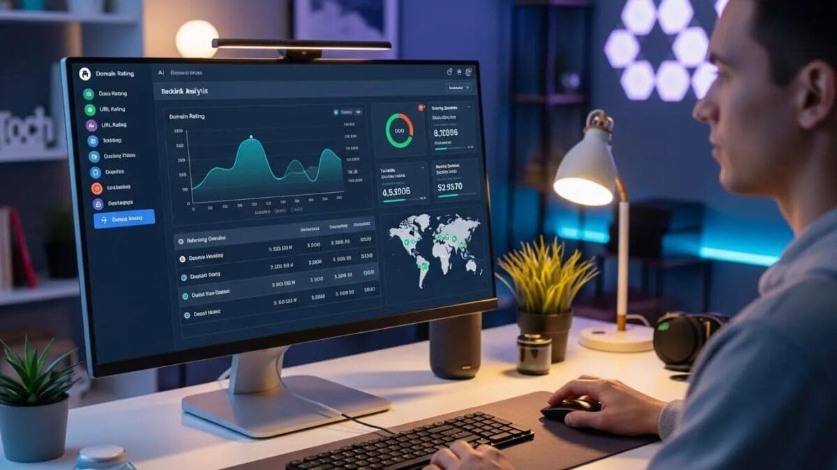 AI-driven software interface for backlink analysis metrics on a computer screen