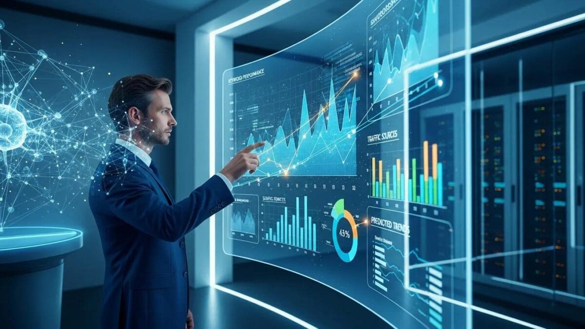 Professional analyzing predictive analytics data for SEO keyword forecasting