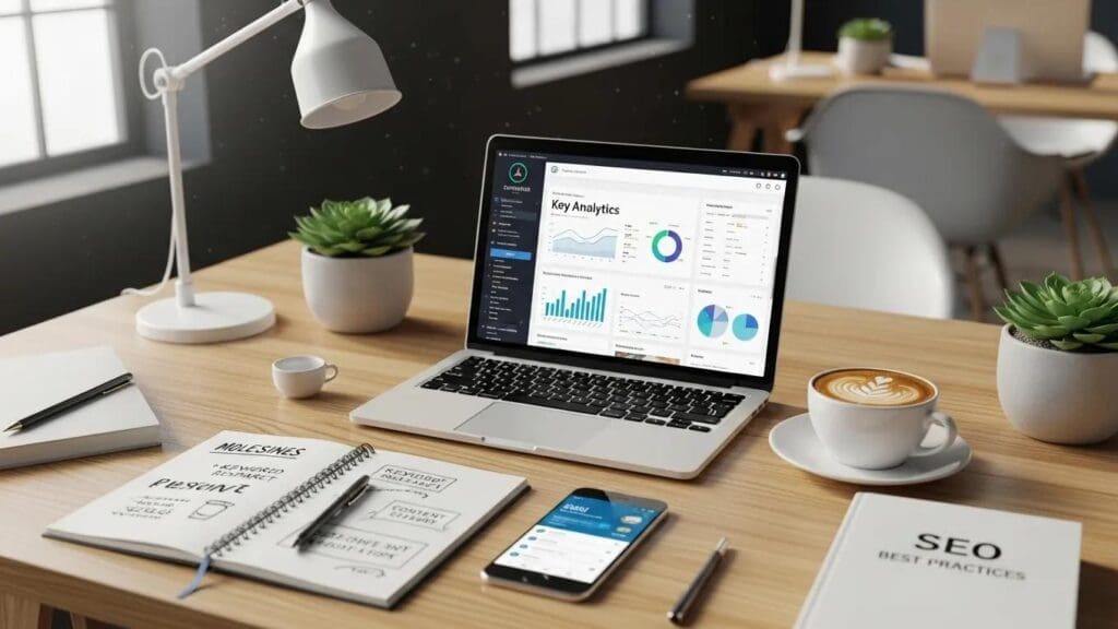 Modern workspace with laptop showing website analytics, emphasizing technical SEO