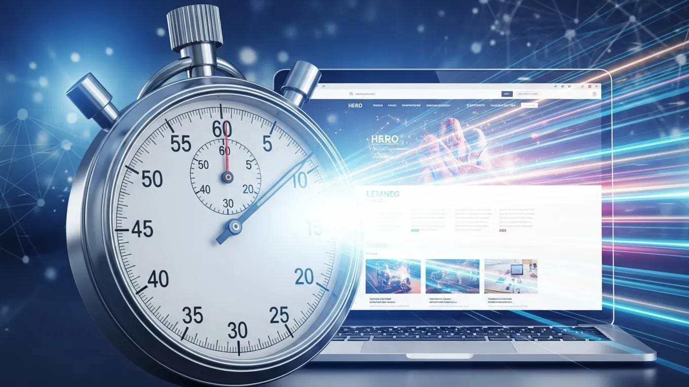 Stopwatch and fast-loading webpage representing page speed optimization