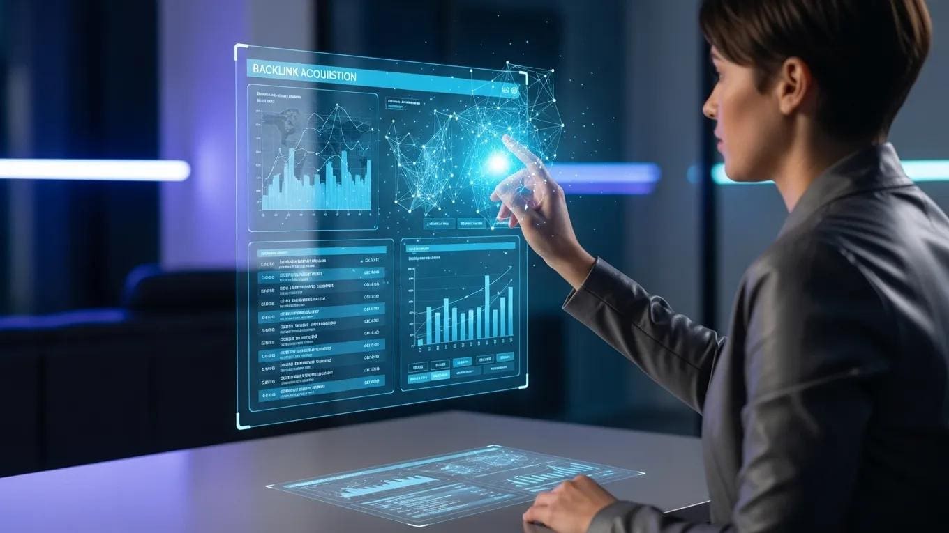 Futuristic AI interface displaying analytics for targeted backlink acquisition