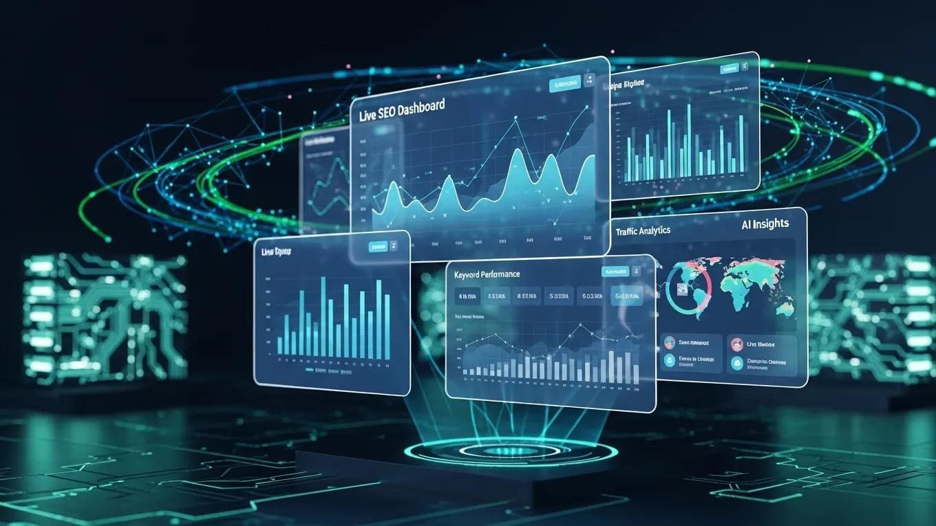Futuristic interface displaying AI-driven SEO analytics and real-time data insights