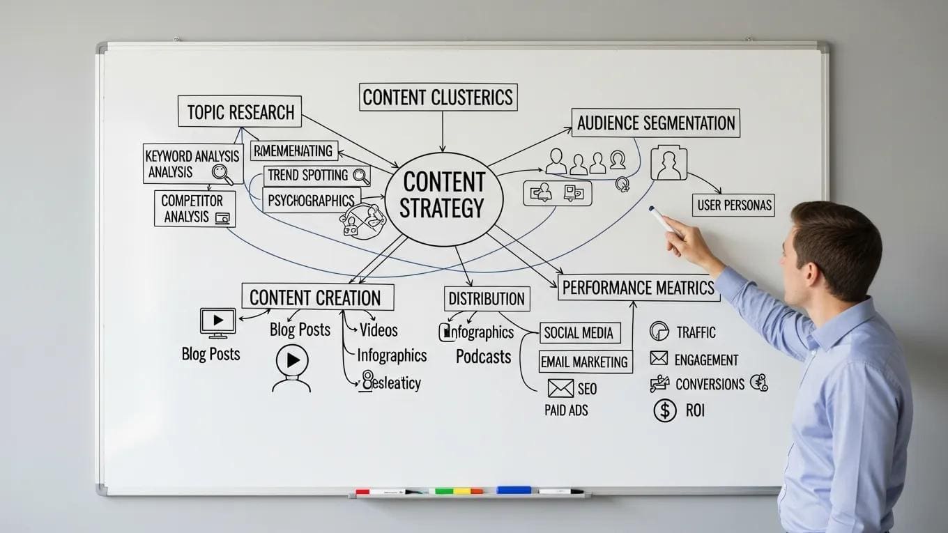 Mind map illustrating content clustering with interconnected topics