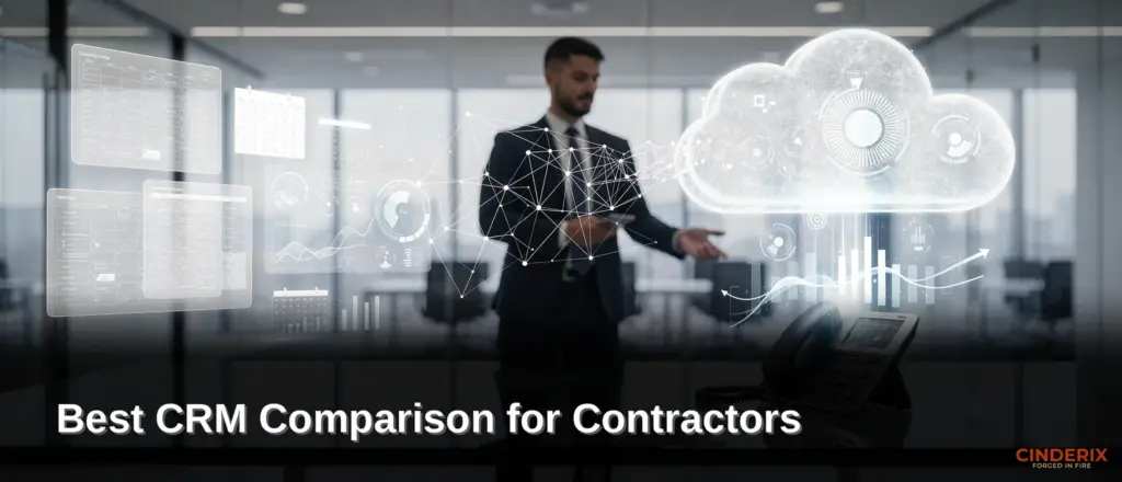 Contractor examining digital CRM data visualization, illustrating the need for integrated scheduling and lead management